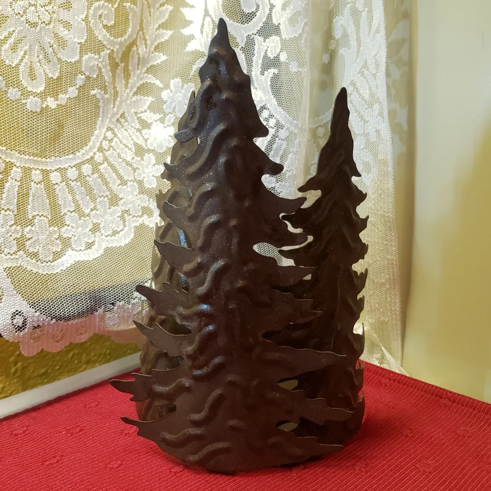 Vtg 3 Pine Tree Large Metal Candle Holder